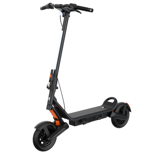 Apollo Explore 2.0 electric scooter in black with orange accents shown in a right‑side profile on a transparent background