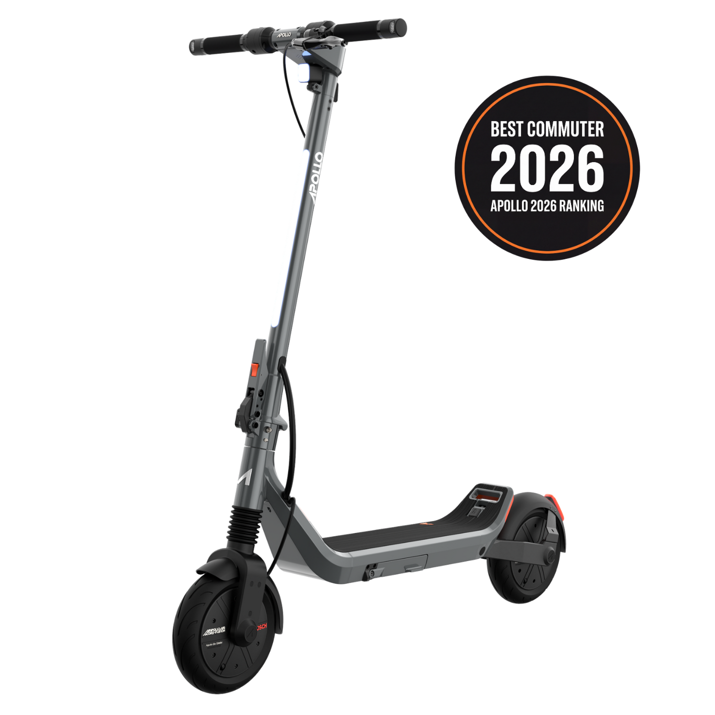 Apollo Go Stellar electric scooter on a transparent background with a “Best Commuter 2026” award badge displayed beside it.