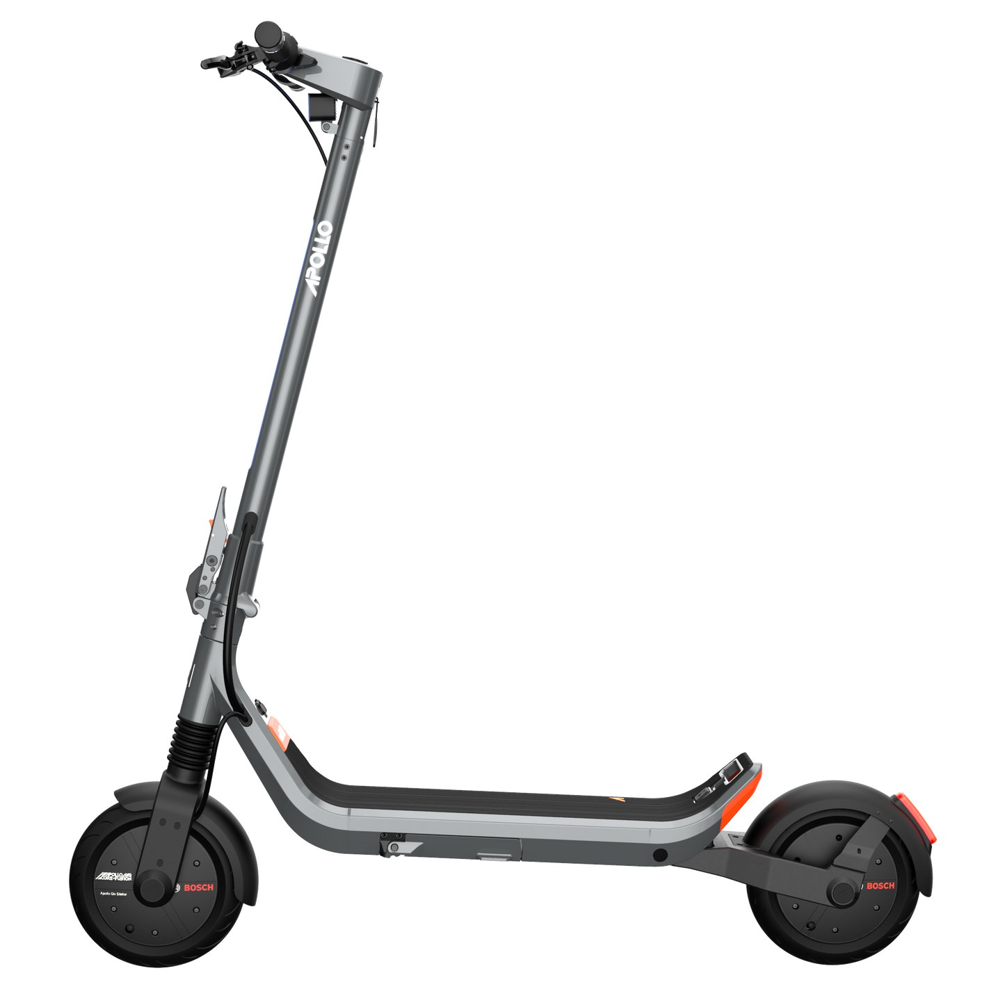 Apollo Go Stellar electric scooter on a transparent background, showing its black and gray frame with red wheel accents.