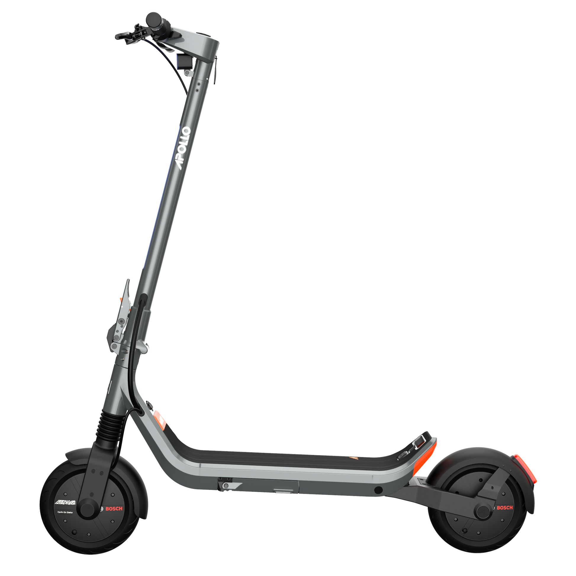 Apollo Go Stellar electric scooter on a transparent background, showing its black and gray frame with red wheel accents.