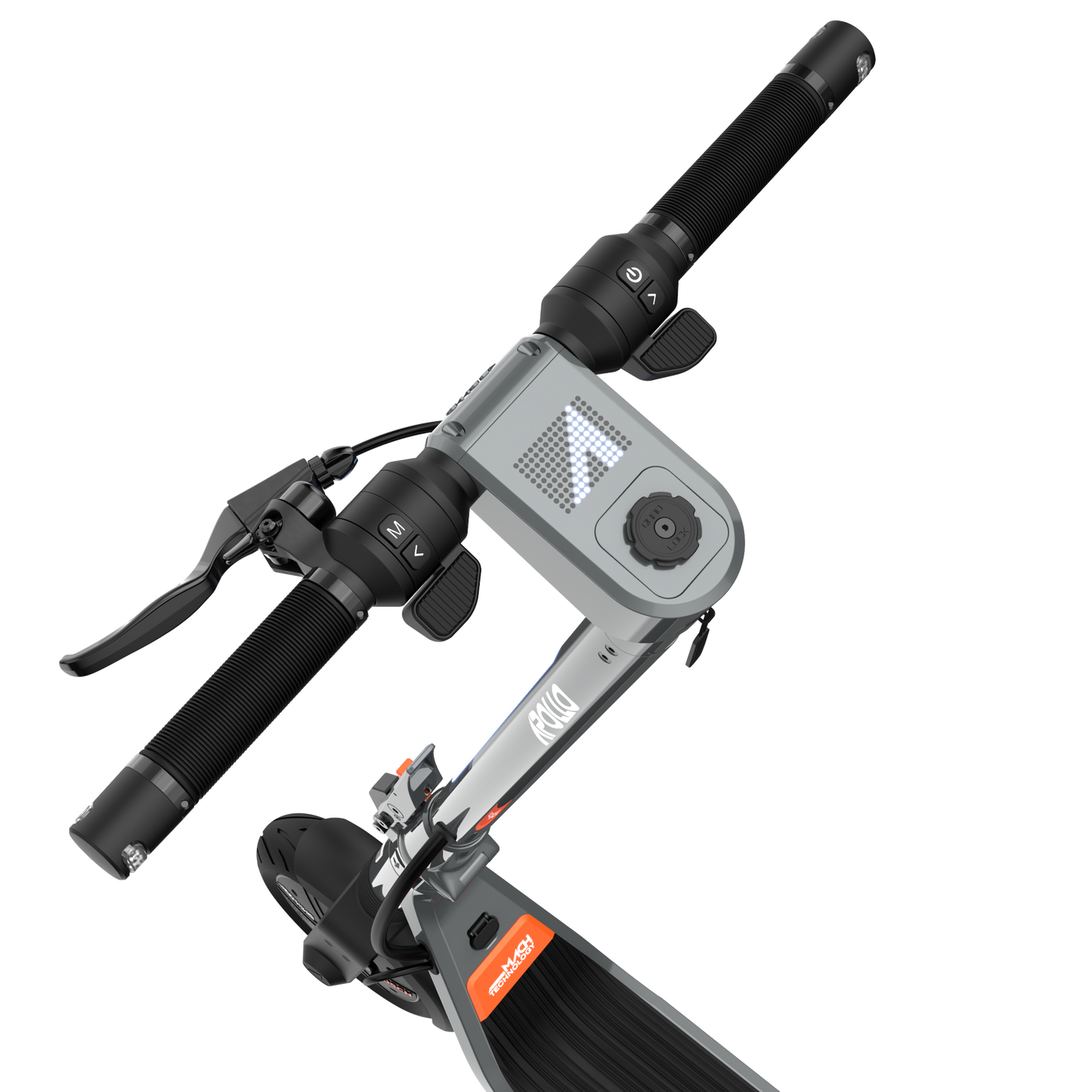 Close-up of the Apollo Go Stellar electric scooter handlebar showing the grips, brake levers, and central control unit on a transparent background.