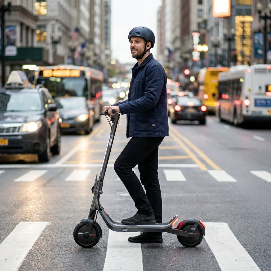 Person riding an Apollo Go Stellar electric scooter on a busy city street with cars, buses, and tall buildings in the background.