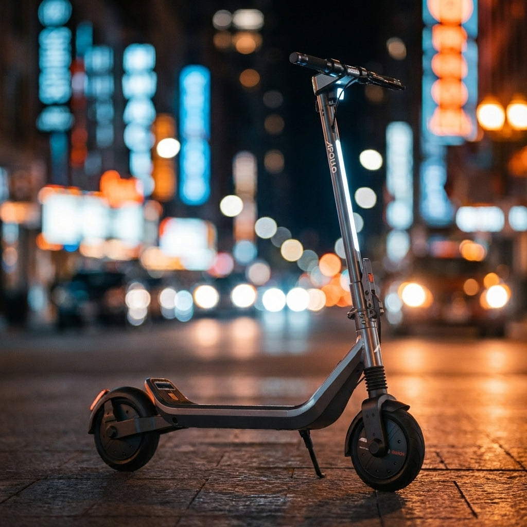 Apollo Go Stellar electric scooter positioned on a city street at night with blurred building and vehicle lights creating a bokeh background.