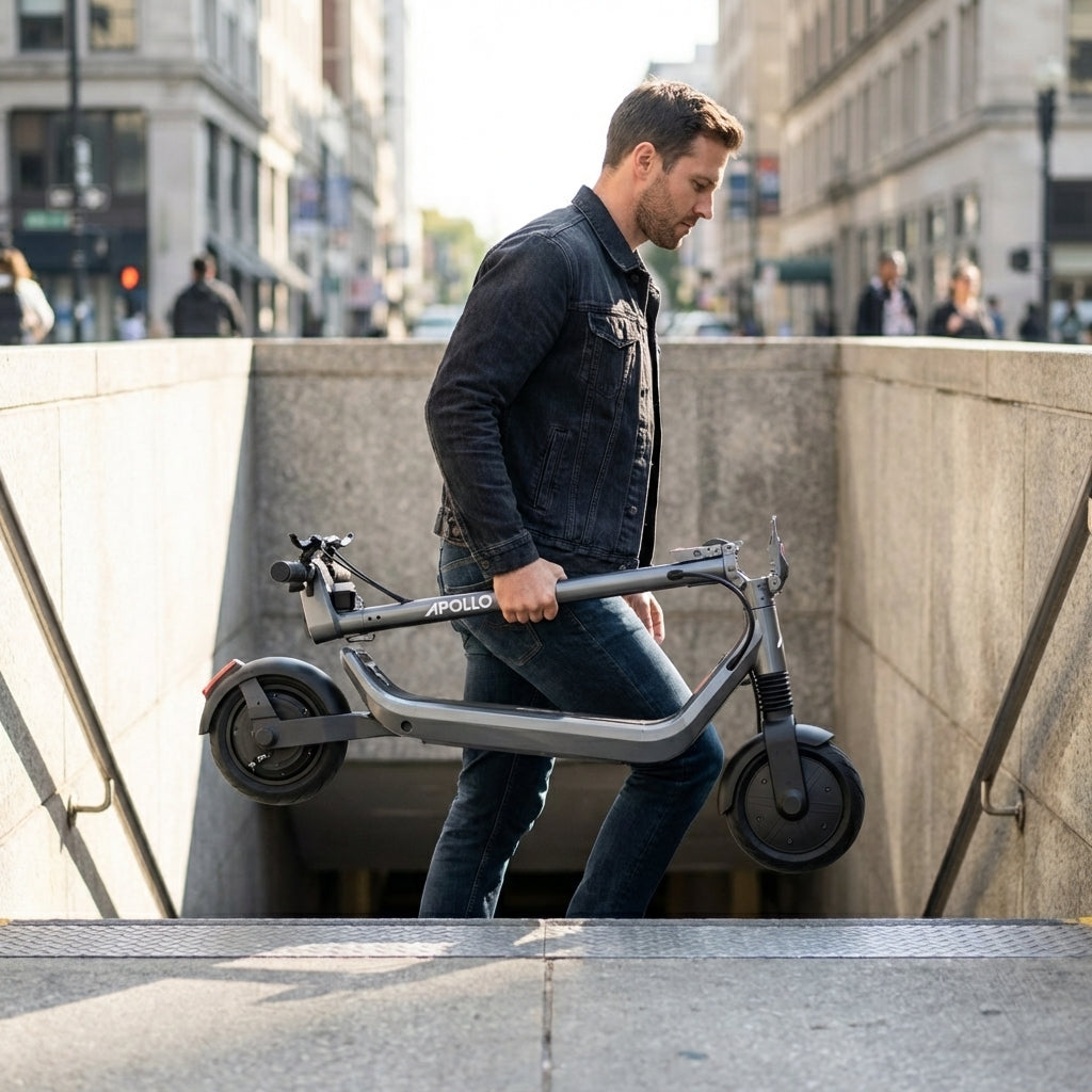 Person carrying an Apollo Go Stellar electric scooter up a city stairway, highlighting its portable, foldable design in an urban environment.