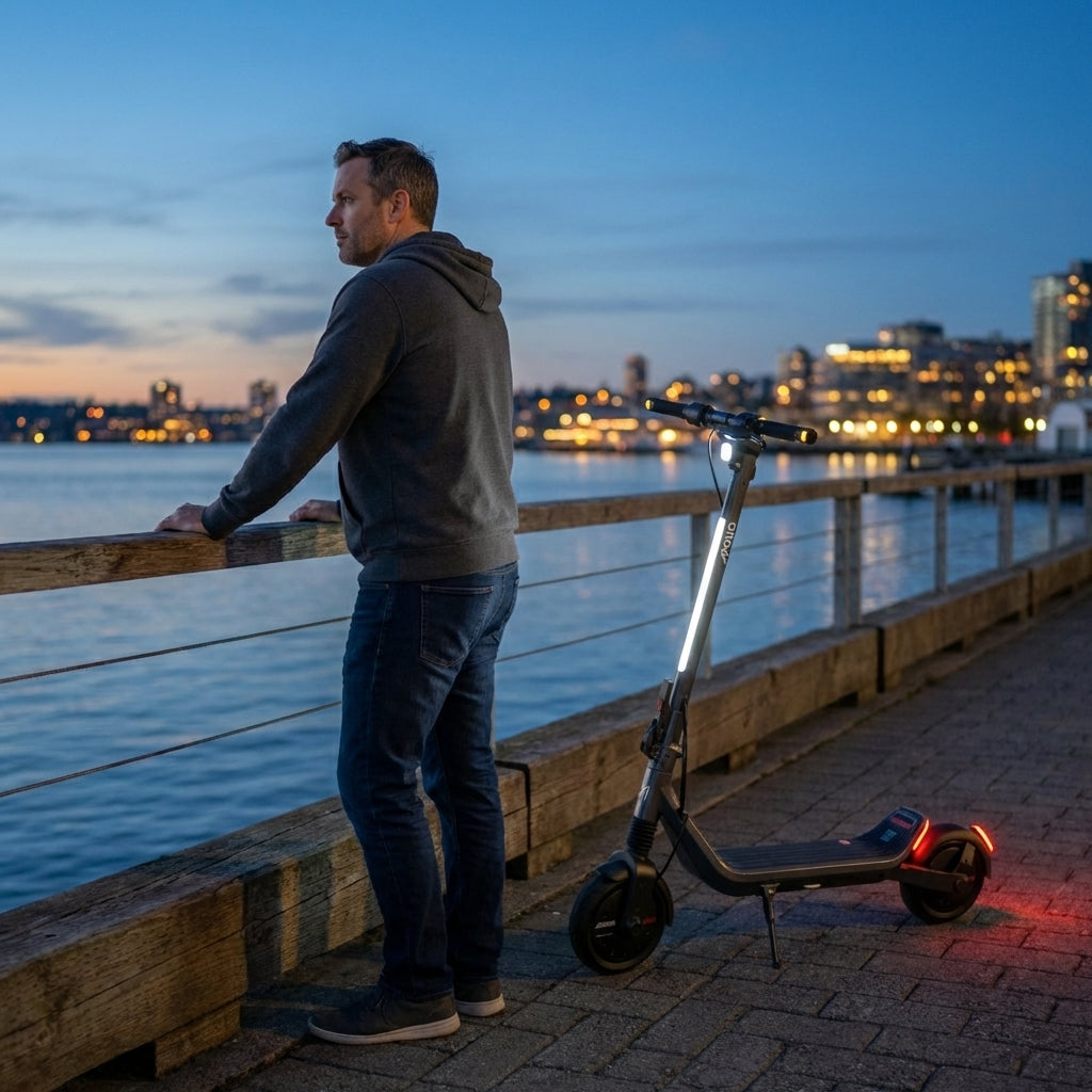 Person standing beside an Apollo Go Stellar electric scooter on a waterfront walkway at dusk with city lights reflecting on the water.